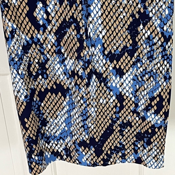 Cache Blue Tan Snake Print Faux Wrap Stretch Jersey Gold Buckle Dress Size M - Picture 8 of 13